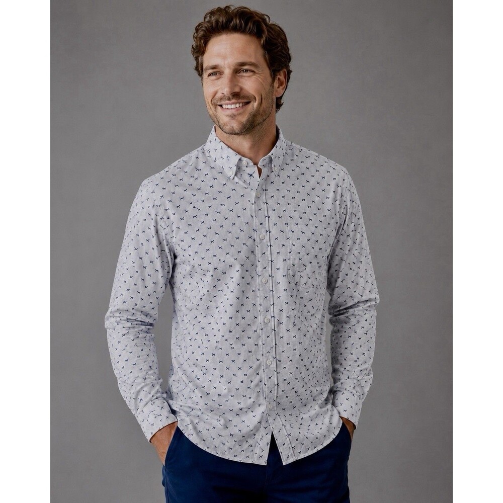 Banana Republic Shirt Mens Slim Flex Tech Stretch Dog Print Blue Size Smal
